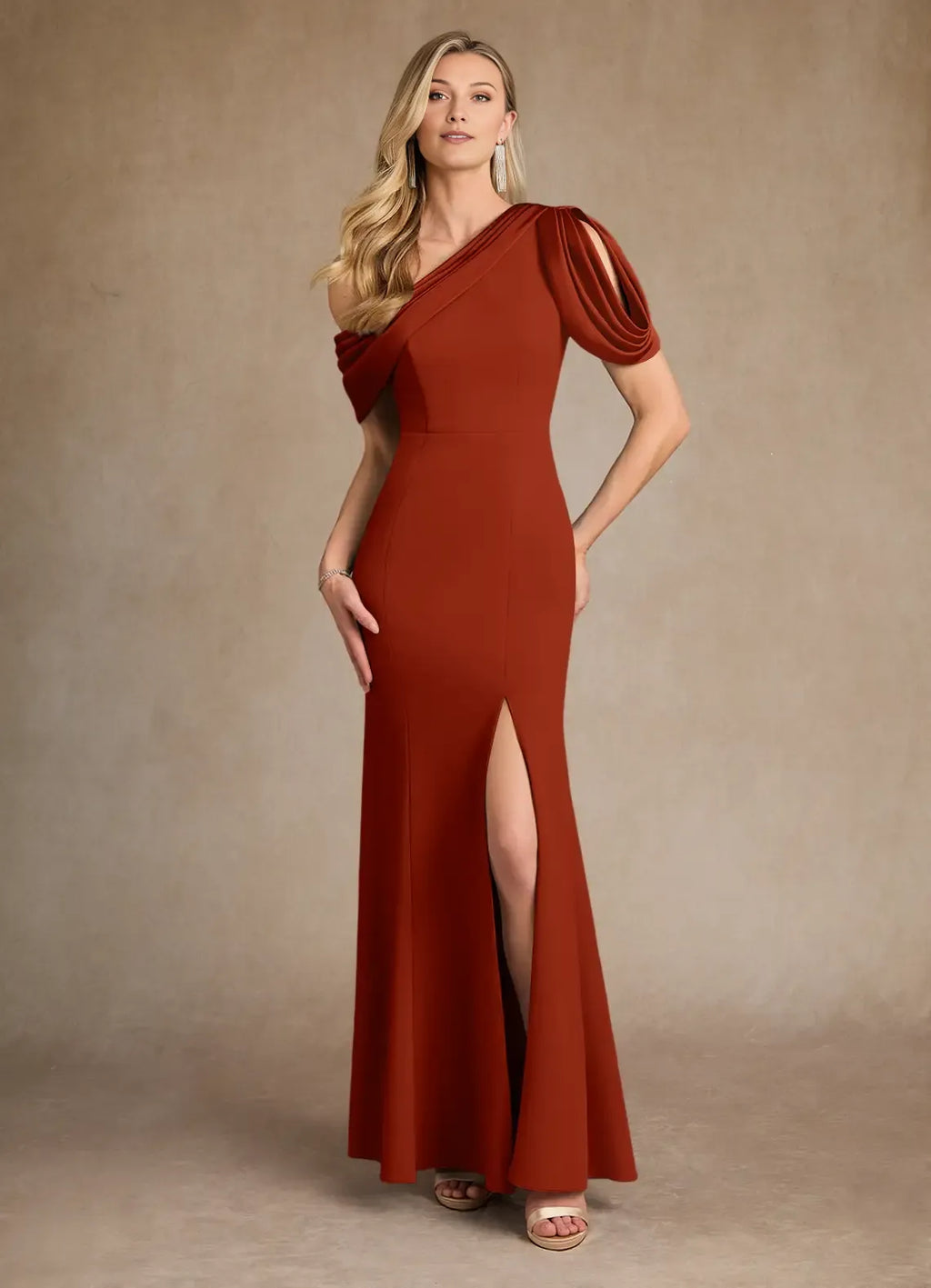 Rust Mermaid Pleated Colored Mother of the Bride Dress with Asymmetric One - Shoulder Draped Sleeve and High Side Slit