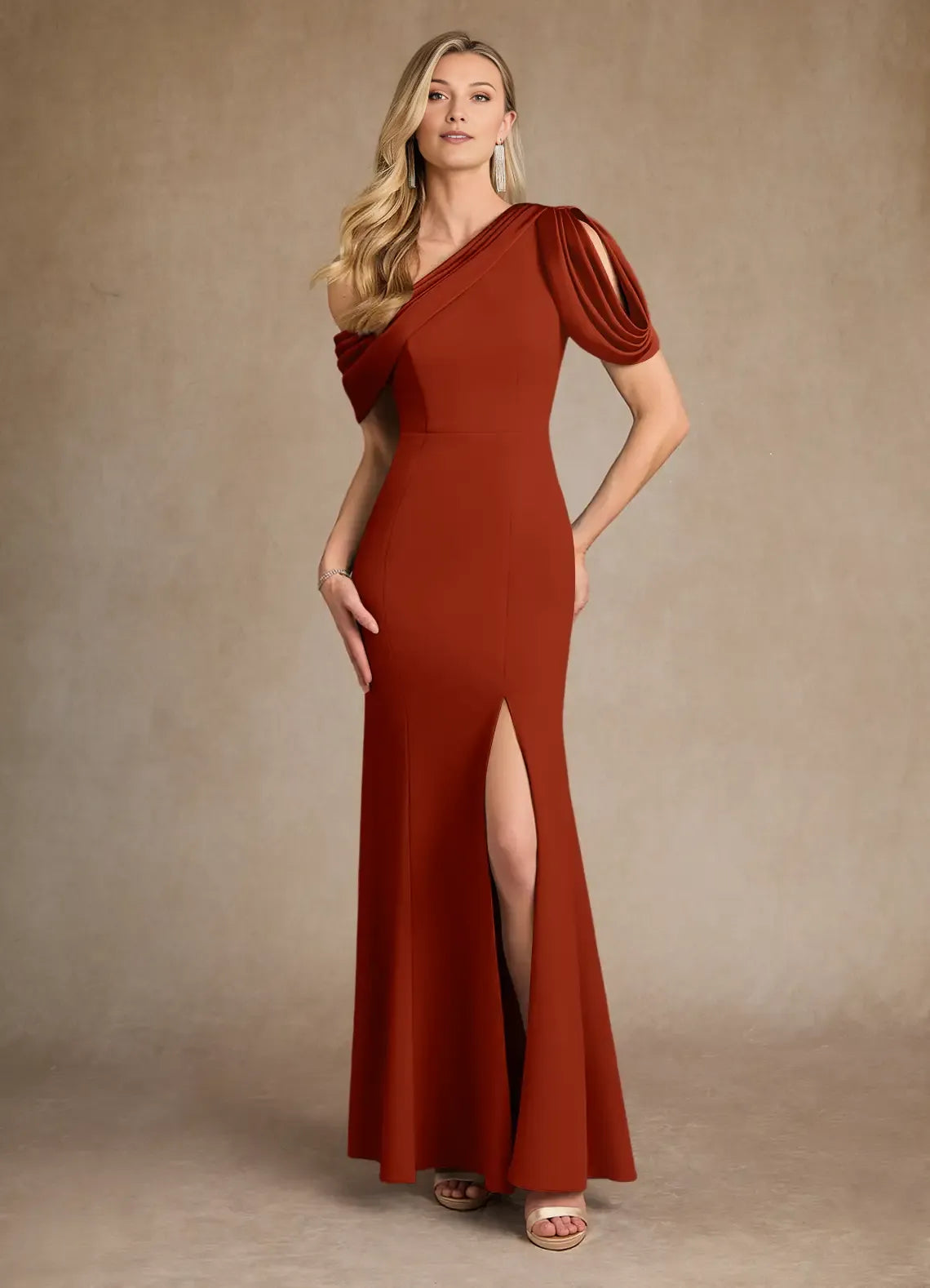 Rust Mermaid Pleated Colored Mother of the Bride Dress with Asymmetric One - Shoulder Draped Sleeve and High Side Slit