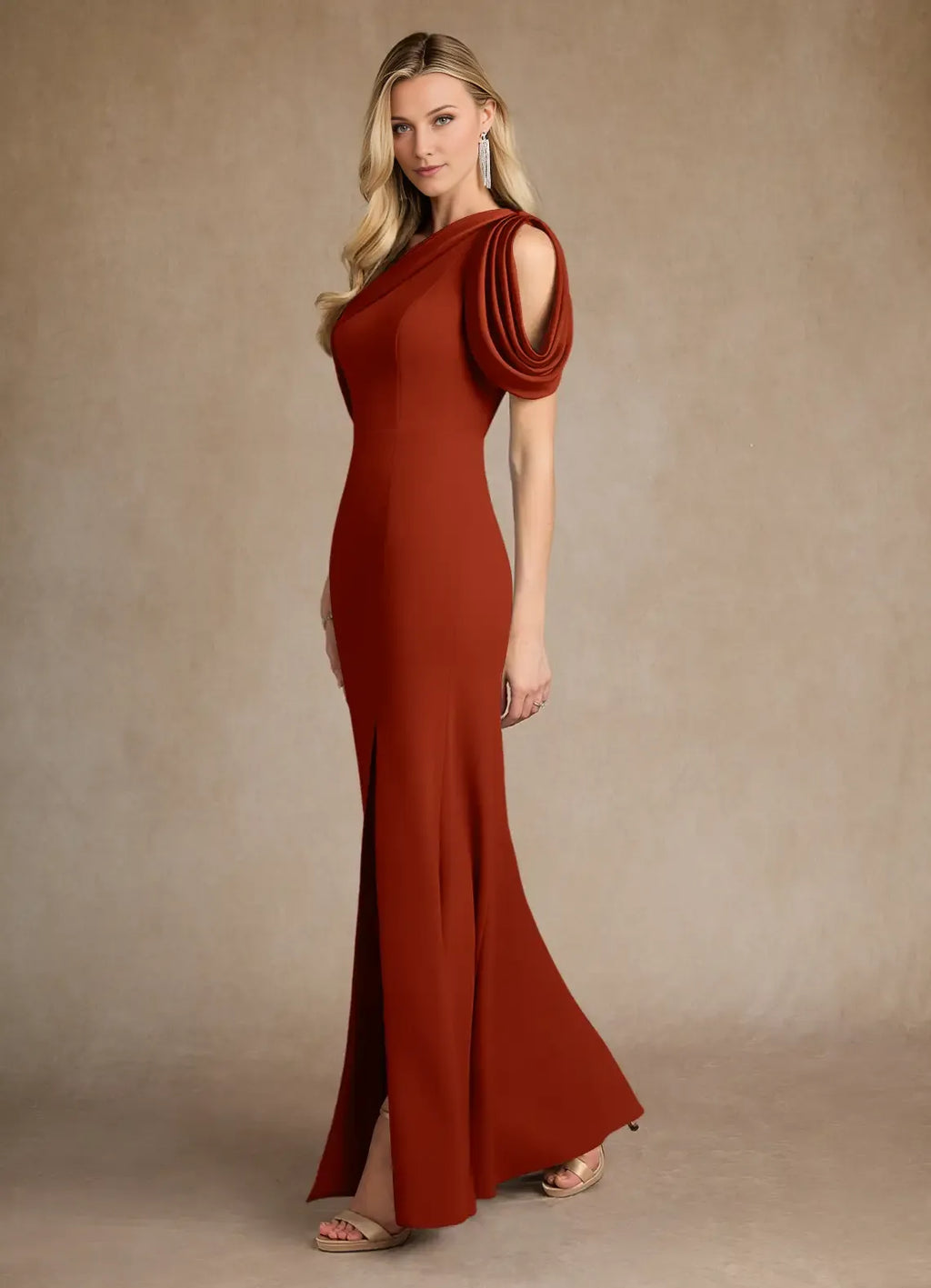 Rust Mermaid Pleated Colored Mother of the Bride Dress with Asymmetric One - Shoulder Draped Sleeve and High Side Slit