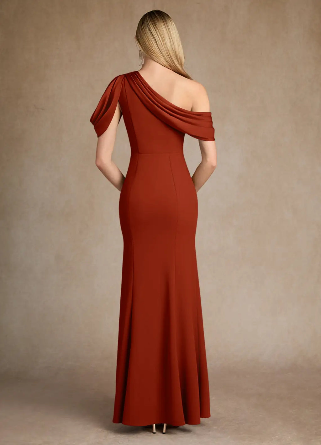 Rust Mermaid Pleated Colored Mother of the Bride Dress with Asymmetric One - Shoulder Draped Sleeve and High Side Slit
