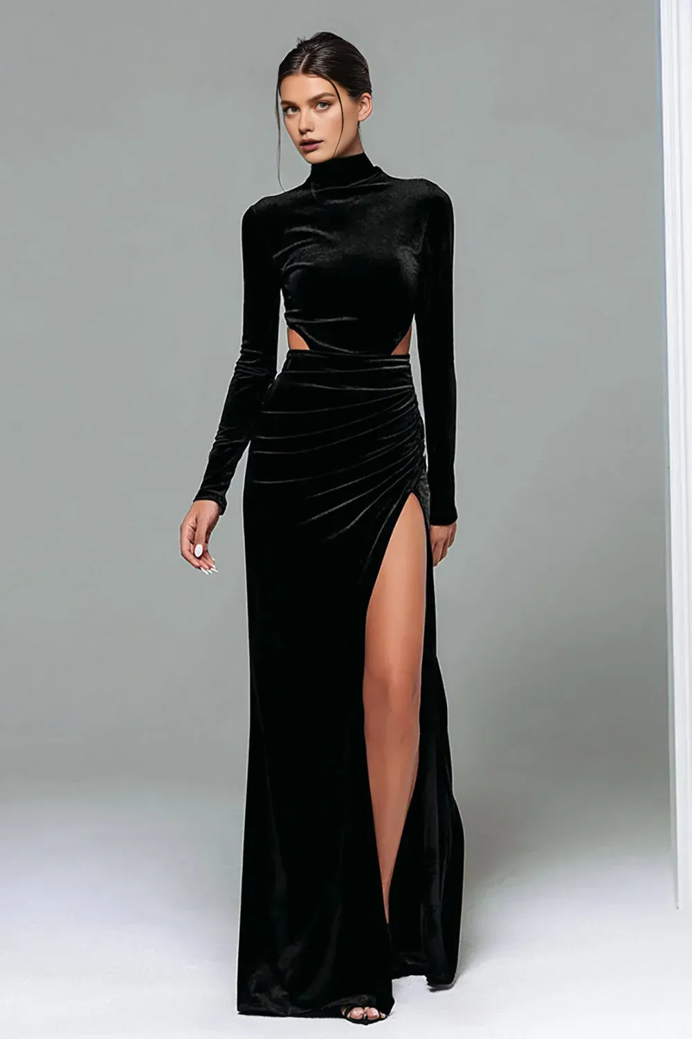 Stylish Elegant Black Velvet Sheath High Neck Long Sleeve Floor-Length Evening Dress
