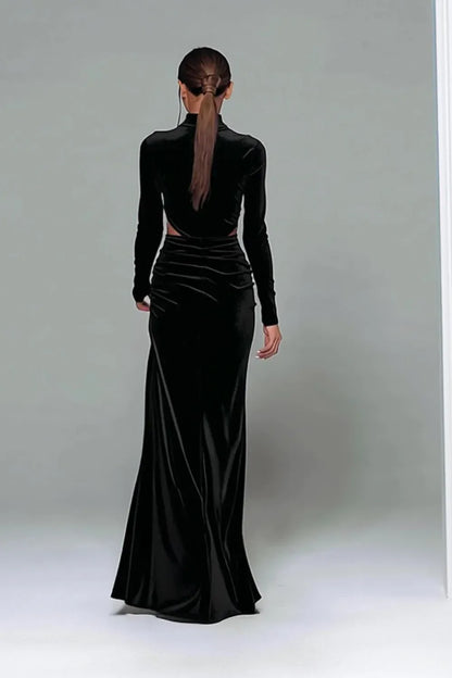 Stylish Elegant Black Velvet Sheath High Neck Long Sleeve Floor-Length Evening Dress