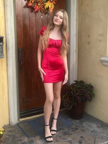 Refined Beautiful Elegant Red Sheath Square Neck Short Sleeve Mini Homecoming Dress