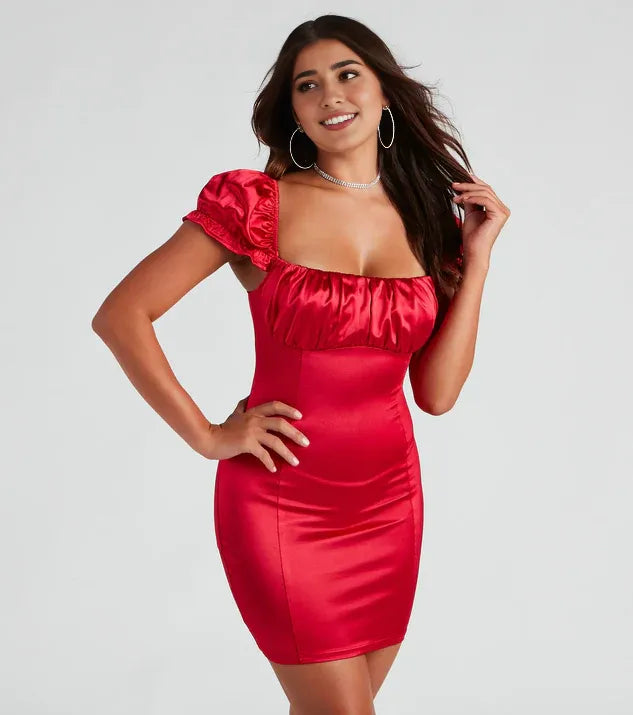 Refined Beautiful Elegant Red Sheath Square Neck Short Sleeve Mini Homecoming Dress