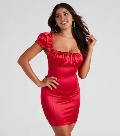 Refined Beautiful Elegant Red Sheath Square Neck Short Sleeve Mini Homecoming Dress