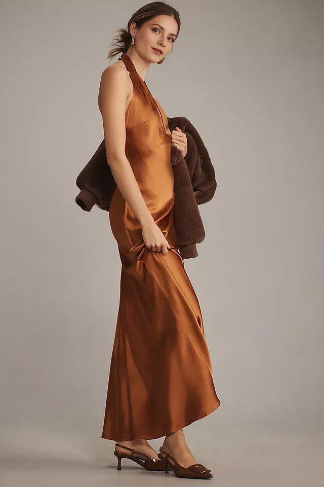 Sheath Deep V Halter Neck Sleeveless Open Back Back Zip Floor-Length Long Prom Dresses