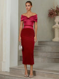 Stylish Refined Beautiful Elegant Burgundy Satin Sheath Short Sleeve Tea-Length Evening Dress