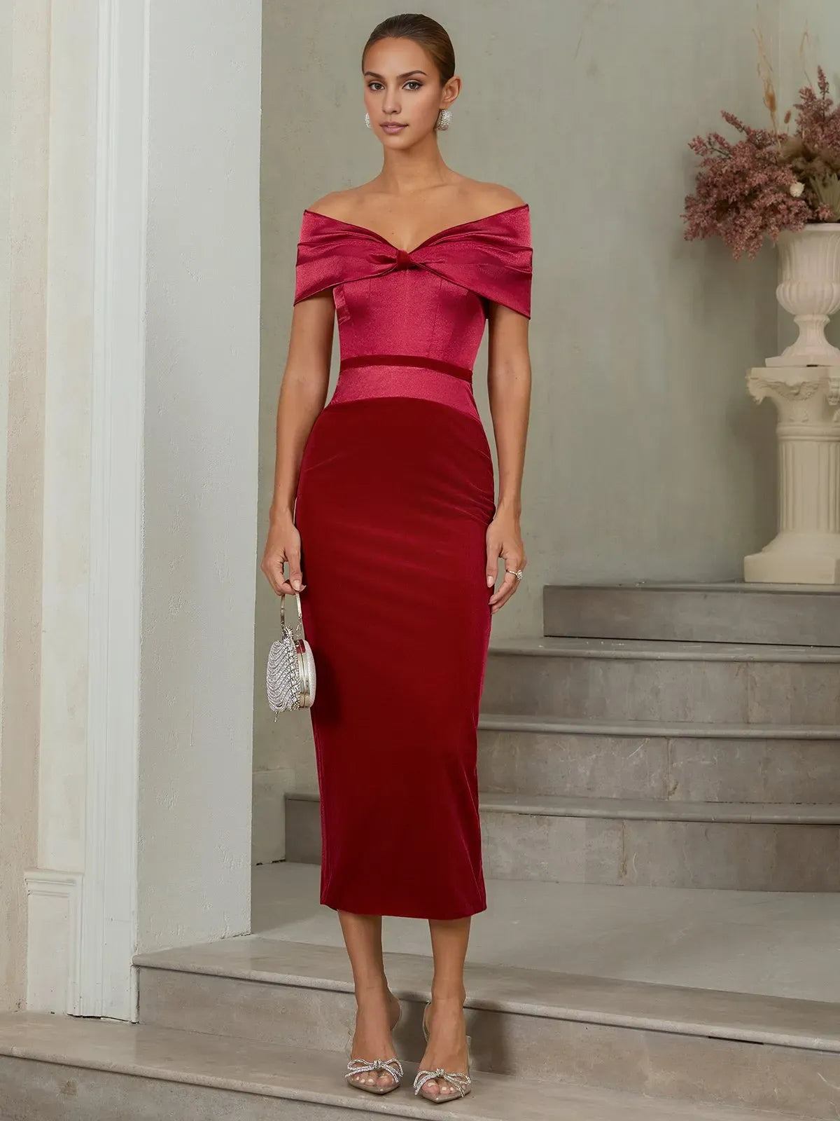 Stylish Refined Beautiful Elegant Burgundy Satin Sheath Short Sleeve Tea-Length Evening Dress