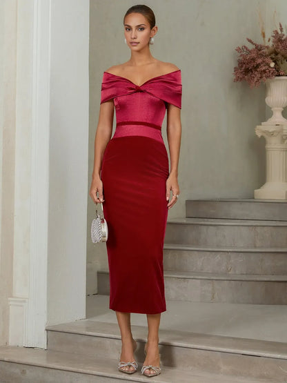 Stylish Refined Beautiful Elegant Burgundy Satin Sheath Short Sleeve Tea-Length Evening Dress