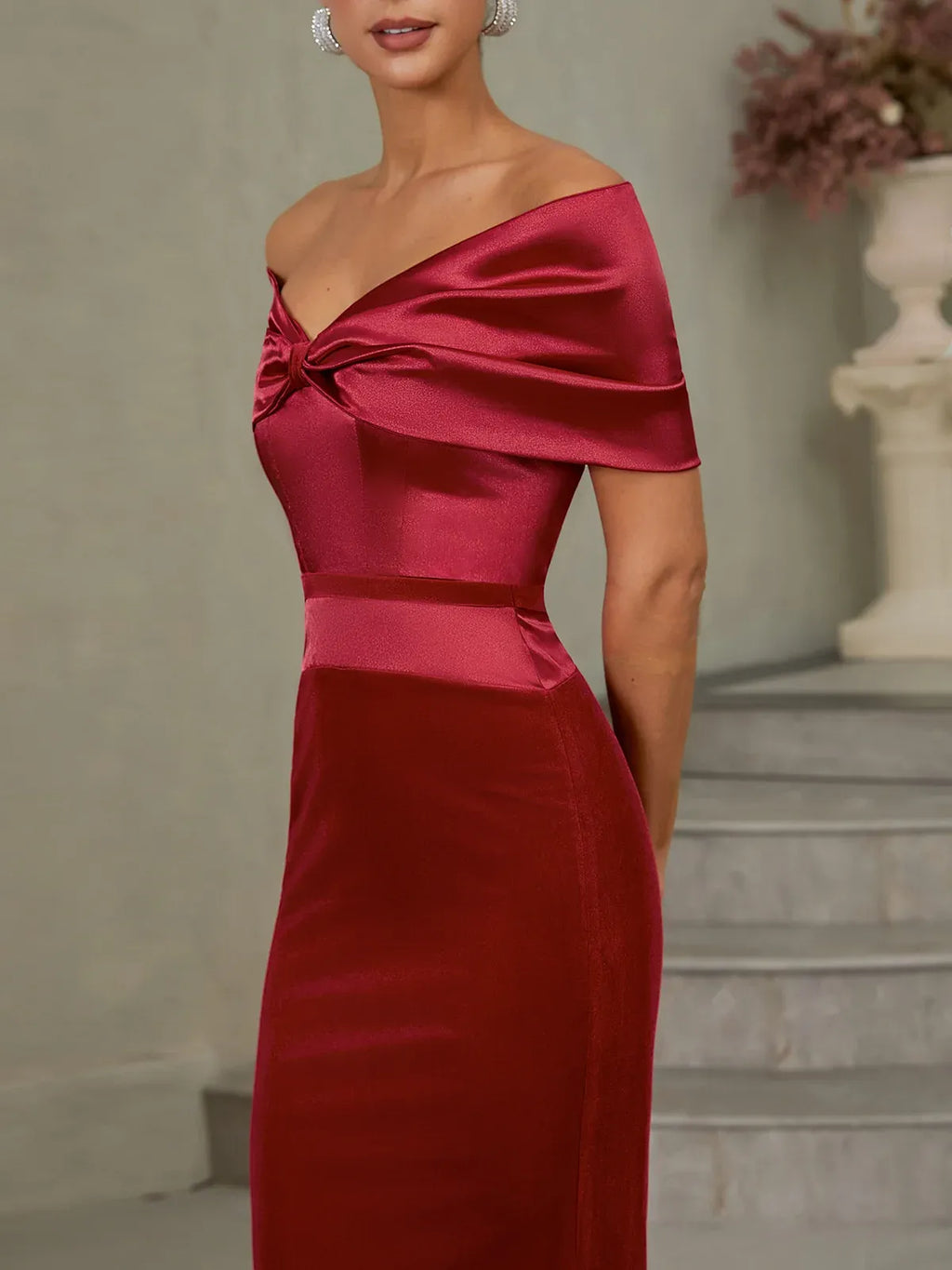 Stylish Refined Beautiful Elegant Burgundy Satin Sheath Short Sleeve Tea-Length Evening Dress