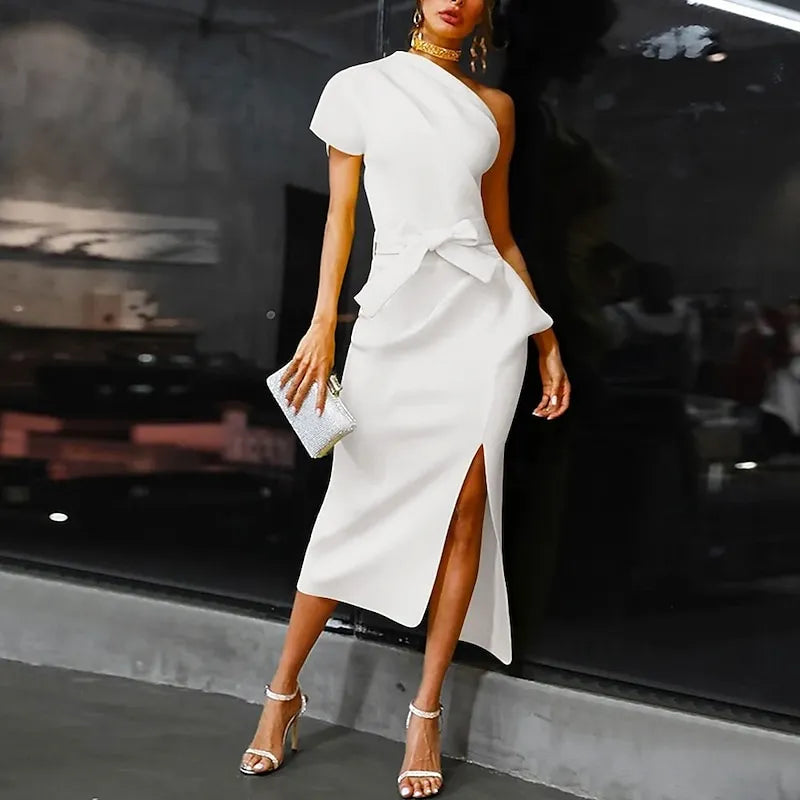 White Sheath One-Shoulder Asymmetric Sleeve Belted Midi Evening Dress
