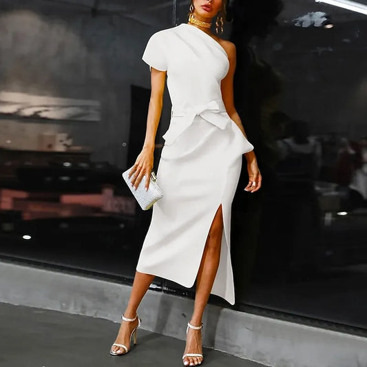 Chic White A-Line One-Shoulder Classic-Sleeve Classic-Back Midi-Length Evening Dress