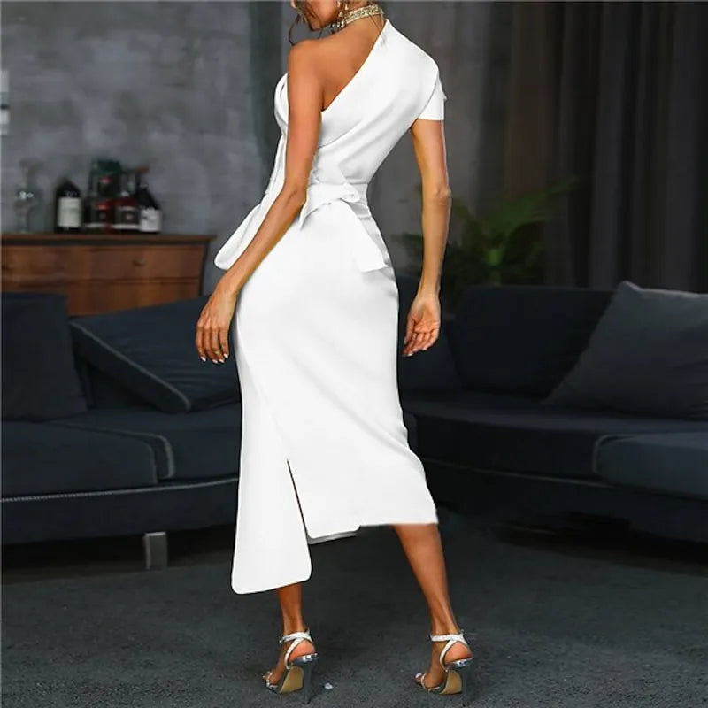 White Sheath One-Shoulder Asymmetric Sleeve Belted Midi Evening Dress