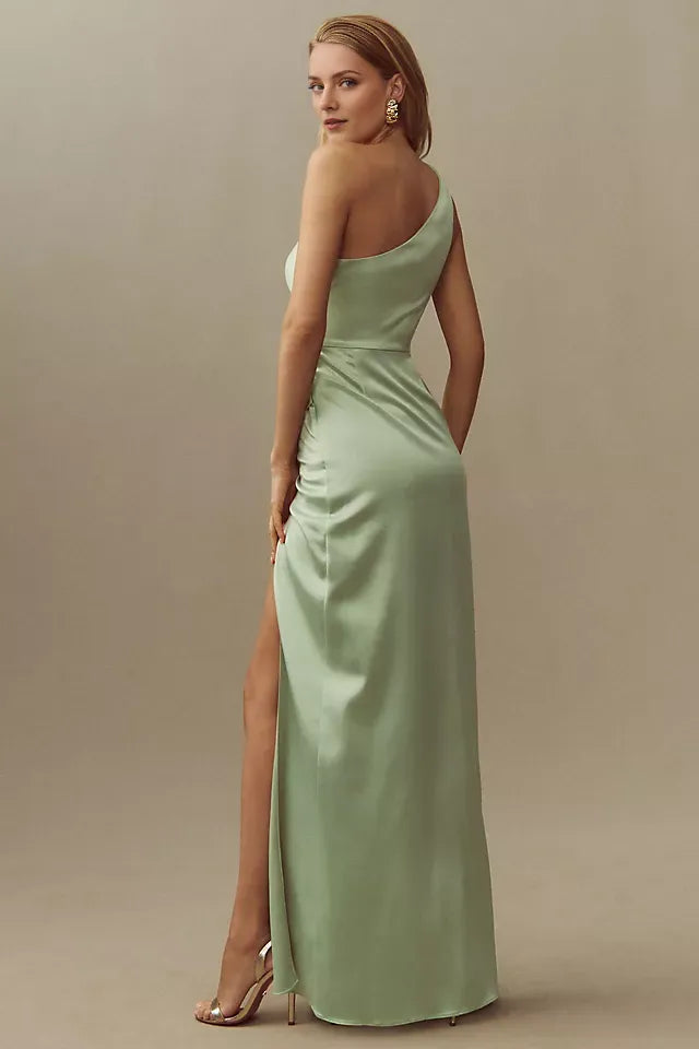 Sheath One-Shoulder Sleeveless Plain Back Floor-Length Side-Slit Prom Dresses