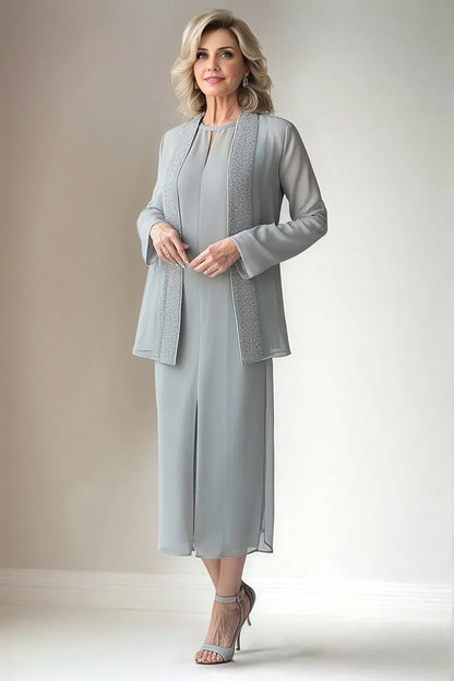 Elegant Red Chiffon Sheath Long Sleeve Long Mother of the Bride Dress