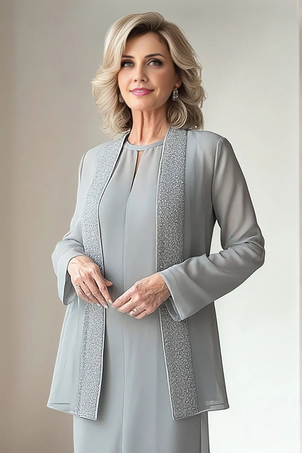 Elegant Red Chiffon Sheath Long Sleeve Long Mother of the Bride Dress