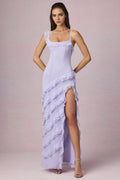 Sheath Square Neck Ruffled Strap Up Back High Slit Floor Length Formal Prom Dresses