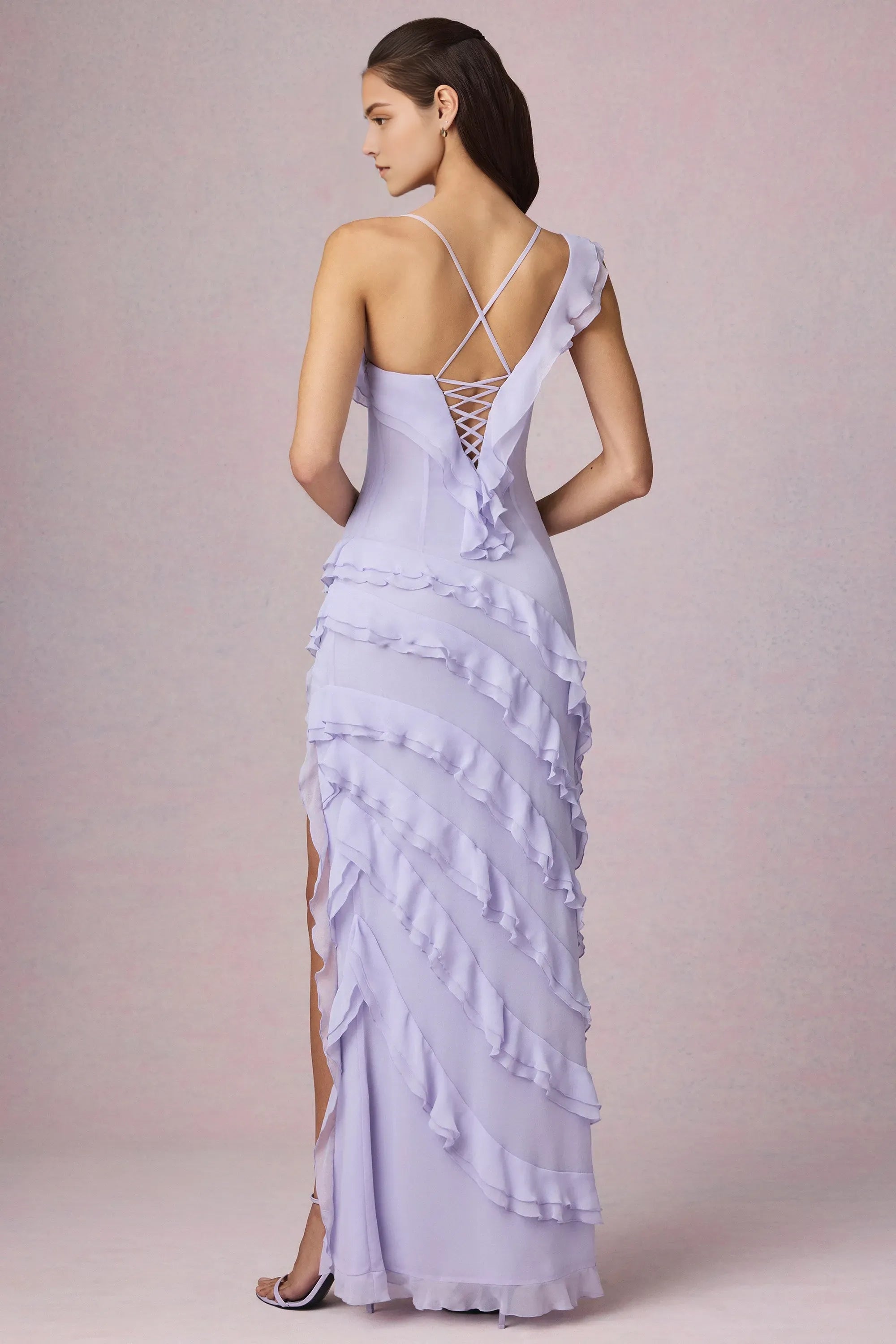 Sheath Square Neck Ruffled Strap Up Back High Slit Floor Length Formal Prom Dresses