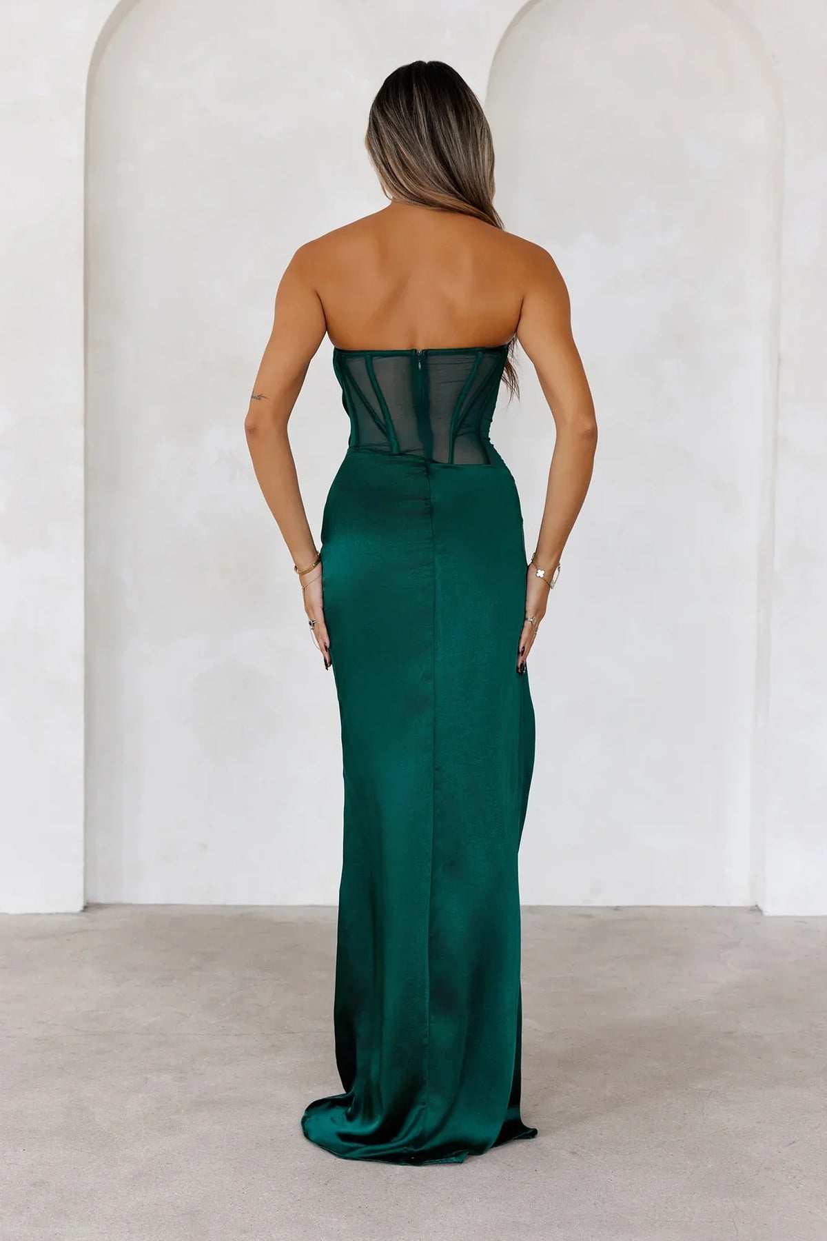 Green Sheath Strapless Corset Sheer Maxi Prom Dress With Slit Custom