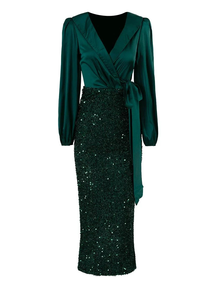 Timeless Chic Elegant Emerald Green Satin Sheath Long Sleeve Long Prom Dress
