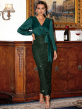 Timeless Chic Elegant Emerald Green Satin Sheath Long Sleeve Long Prom Dress