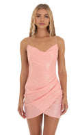 Pink Shimmer Homecoming Dress Spaghetti Straps V-Neckline Asymmetric Ruffle Accent and Backless Fit for a Stunning Look