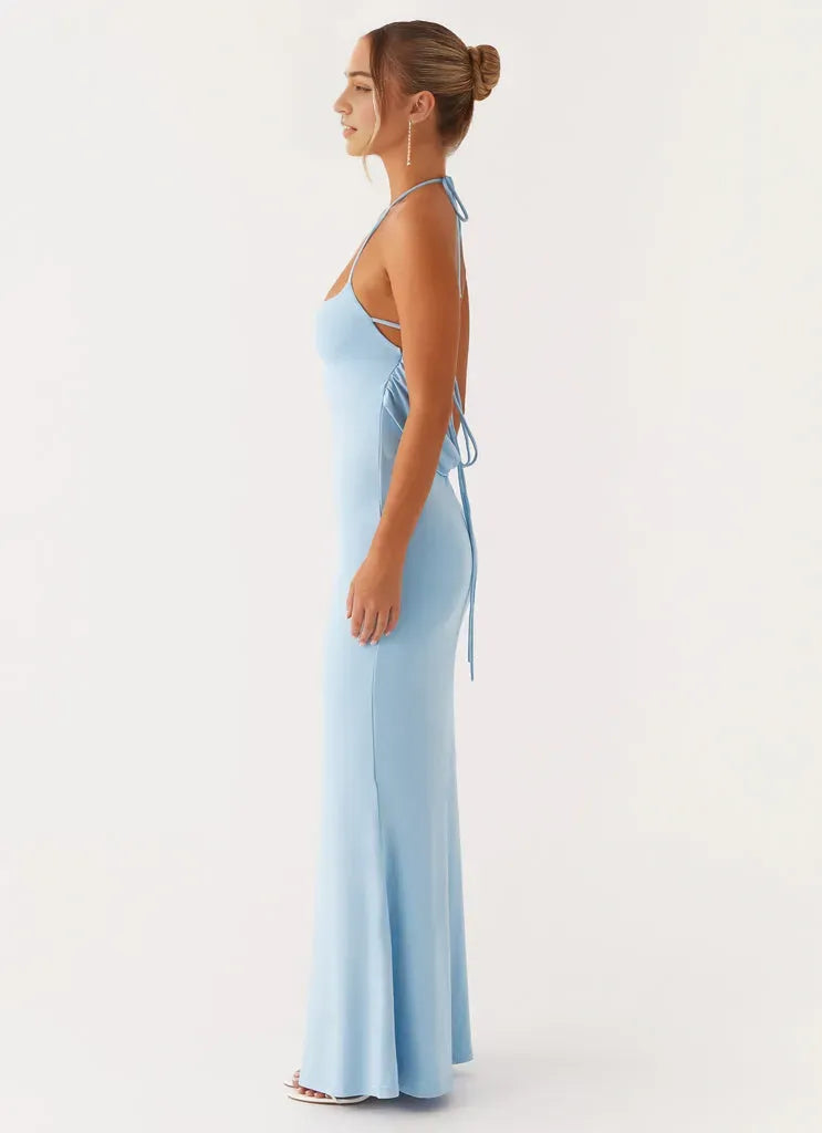 Sky Blue Bodycon Prom Dress Halter Neckline Thin Straps Mermaid Fit and Floor-Length Design for a Stunning Look