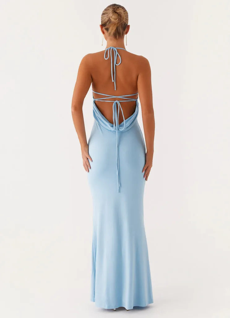 Sky Blue Bodycon Prom Dress Halter Neckline Thin Straps Mermaid Fit and Floor-Length Design for a Stunning Look