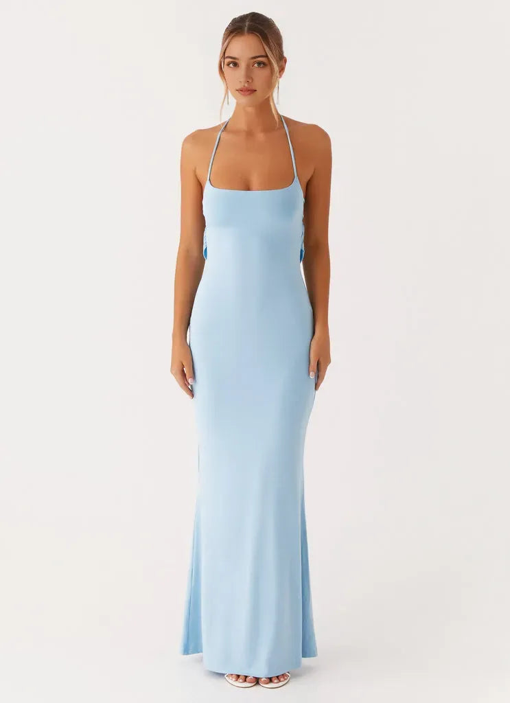 Sky Blue Bodycon Prom Dress Halter Neckline Thin Straps Mermaid Fit and Floor-Length Design for a Stunning Look