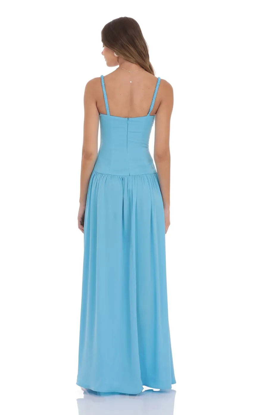 Blue Sky Prom Dress with Ruched Square Neck Smocked Straps and Floor - Length Flowy Skirt A Perfect Choice for Prom Evenings