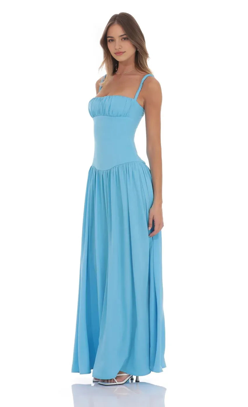 Blue Sky Prom Dress with Ruched Square Neck Smocked Straps and Floor - Length Flowy Skirt A Perfect Choice for Prom Evenings