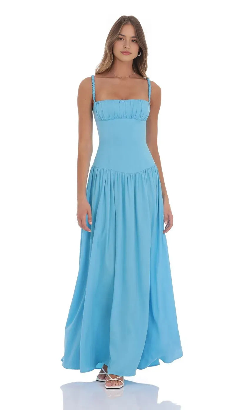 Blue Sky Prom Dress with Ruched Square Neck Smocked Straps and Floor - Length Flowy Skirt A Perfect Choice for Prom Evenings
