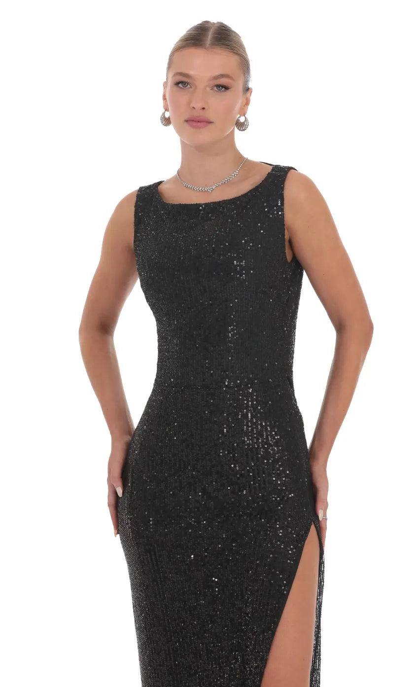 Black Sleeveless Prom Dress High Slit Detail All Over Sparkle Dance the Night Away at Prom