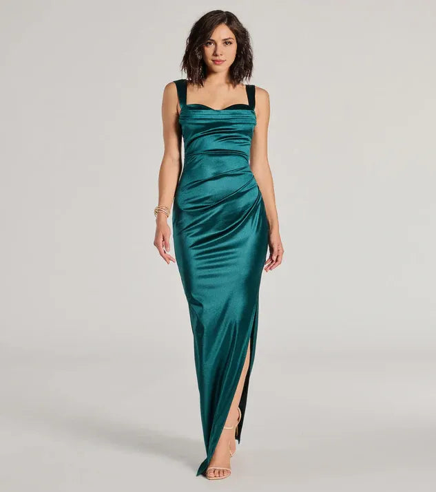 Stylish Refined Beautiful Elegant Emerald Green Satin Cowl Sleeveless Floor-Length Prom Dress