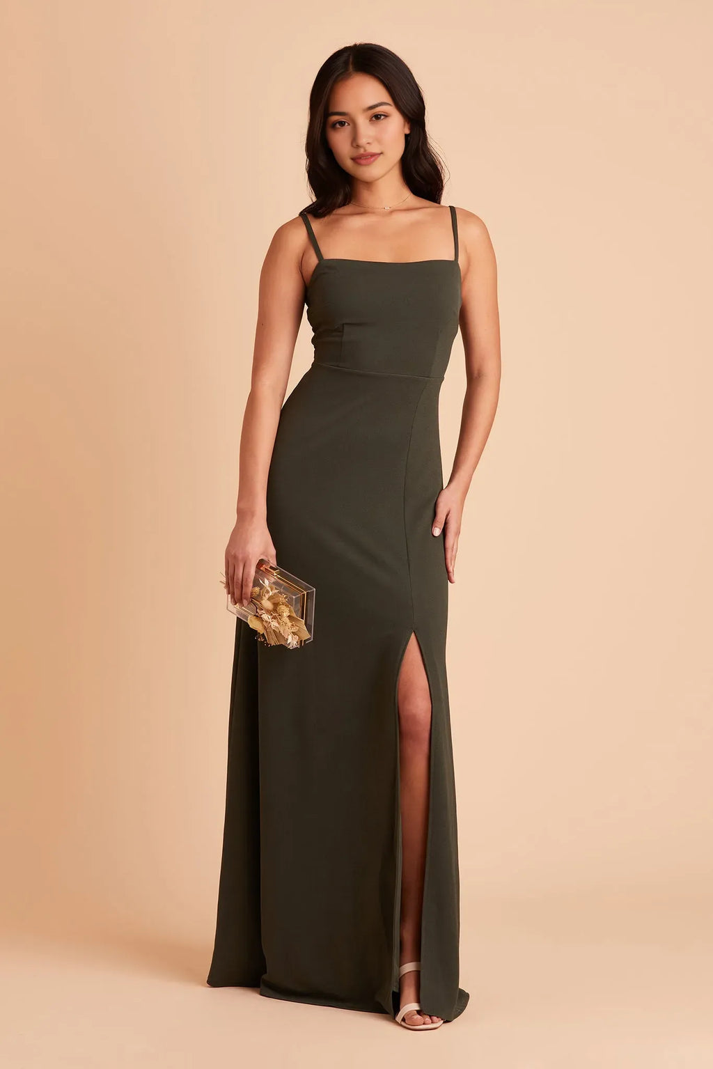 Green Spaghetti Strap Square Neck Prom Dresses in Olive Side Slit for Glamorous Balls and Parties