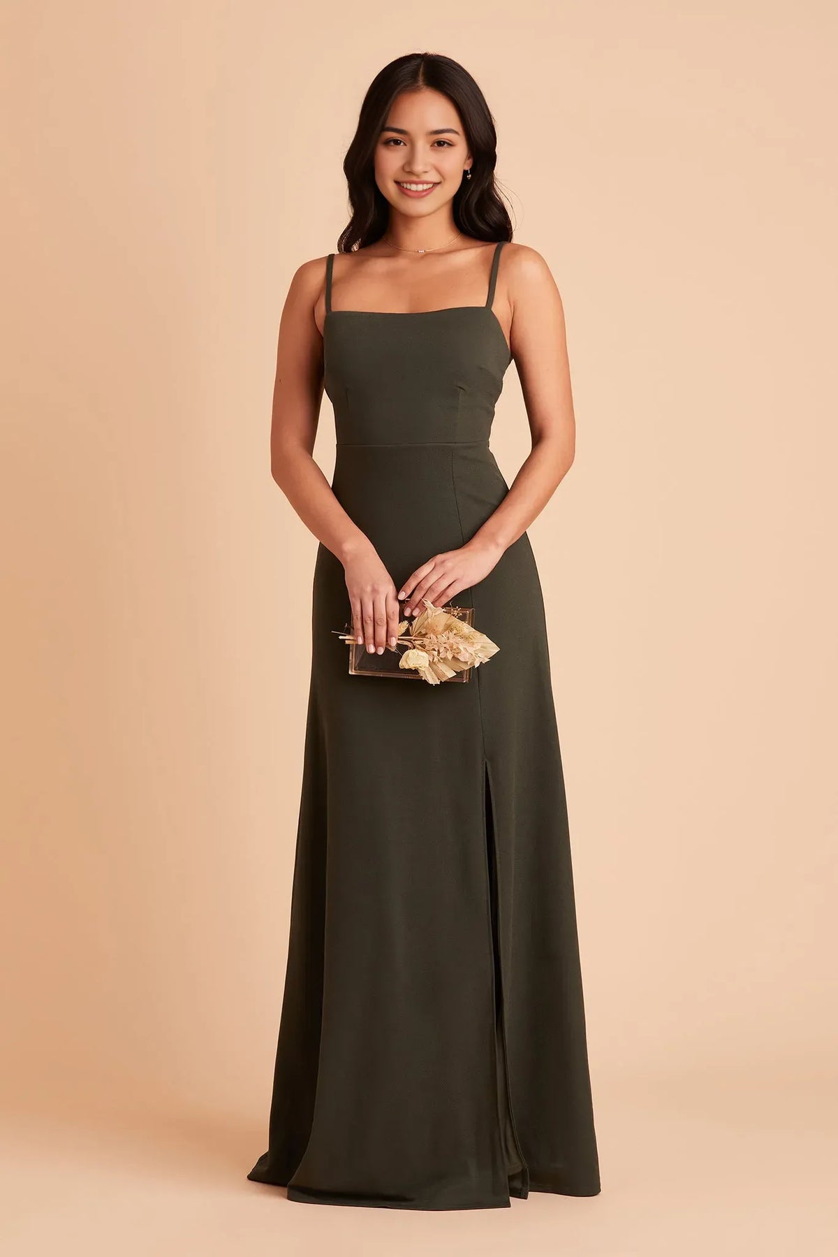 Green Spaghetti Strap Square Neck Prom Dresses in Olive Side Slit for Glamorous Balls and Parties