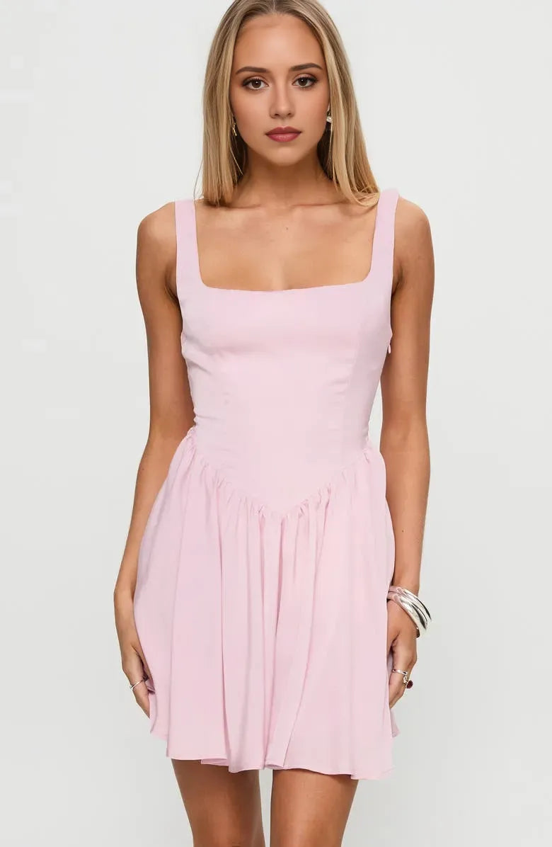 Pink Square Neckline Fit and Flare Homecoming Dress for College Back to School Events Elegant Party Outfit