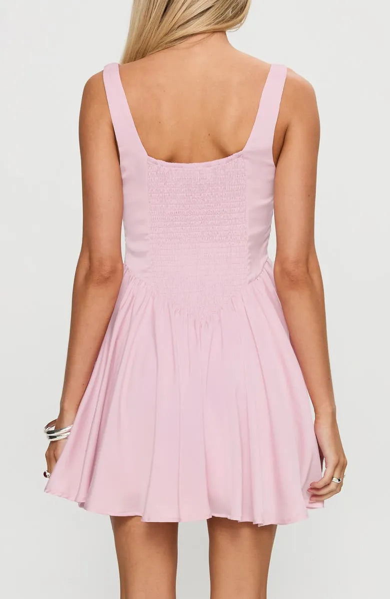 Pink Square Neckline Fit and Flare Homecoming Dress for College Back to School Events Elegant Party Outfit