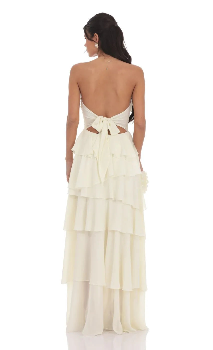 Ivory Strapless Ivory Prom Dress with Tie Ruffles Ruched Bodice Side Slit A Must - Have for Sophisticated Proms