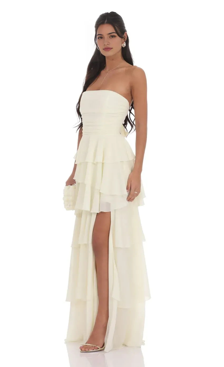 Ivory Strapless Ivory Prom Dress with Tie Ruffles Ruched Bodice Side Slit A Must - Have for Sophisticated Proms