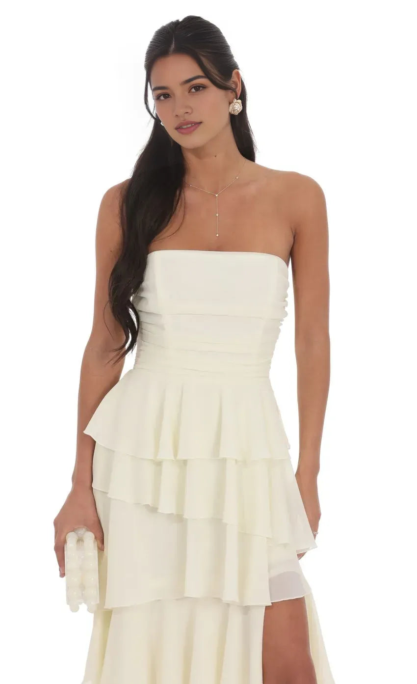 Ivory Strapless Ivory Prom Dress with Tie Ruffles Ruched Bodice Side Slit A Must - Have for Sophisticated Proms