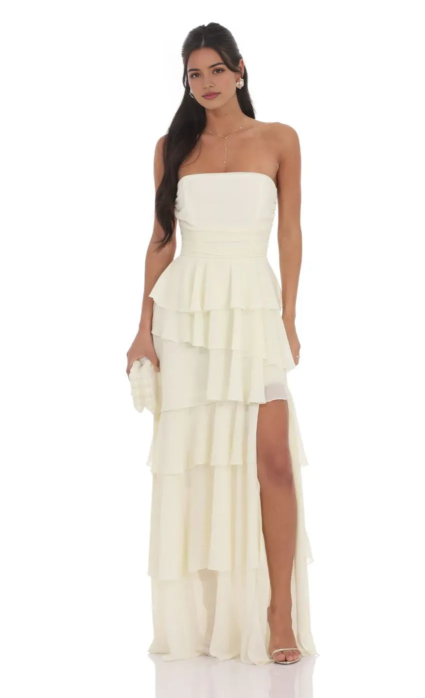 Ivory Strapless Ivory Prom Dress with Tie Ruffles Ruched Bodice Side Slit A Must - Have for Sophisticated Proms