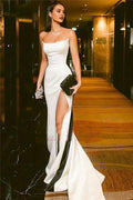 Black Strapless Side Slit Evening Dresses On Sale White Sleeveless Formal Party Dress