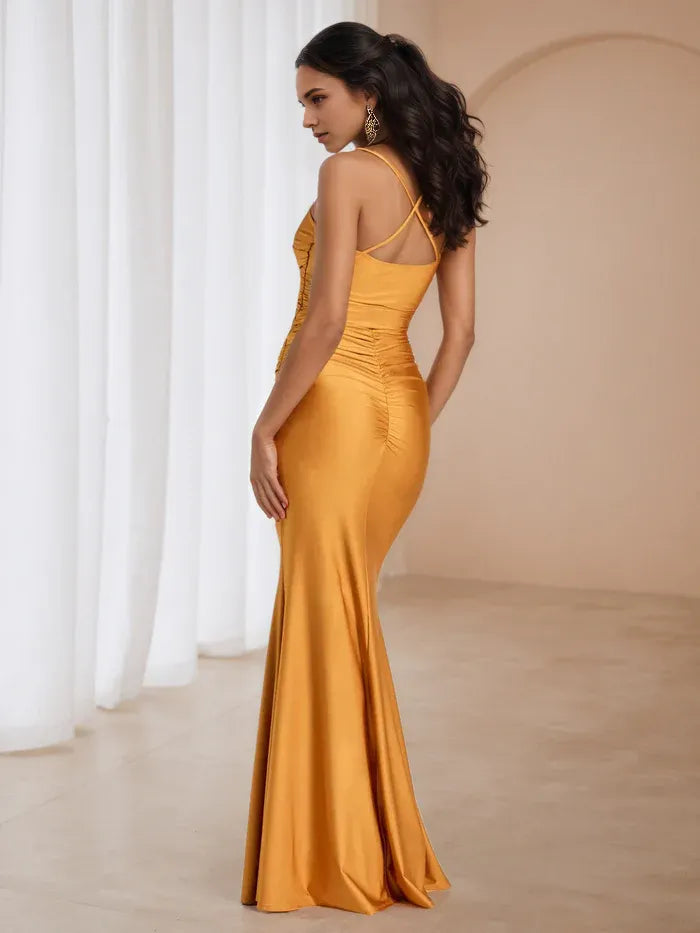 Gold Sunset Prom Dress Cowl Neckline Spaghetti Straps Ruched Design for Glamorous Galas
