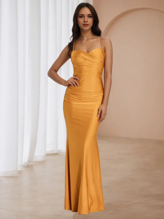 Gold Sunset Prom Dress Cowl Neckline Spaghetti Straps Ruched Design for Glamorous Galas