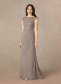 Taupe Mermaid Mother of the Bride Dress with Boat Neckline Ruched Skirt and Cap Sleeves