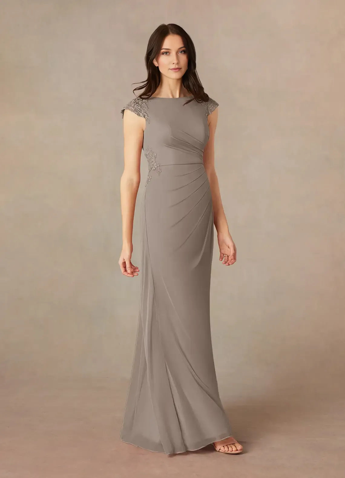 Taupe Mermaid Mother of the Bride Dress with Boat Neckline Ruched Skirt and Cap Sleeves