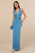 Teal Prom Dress Plunging V Neck Criss Cross Waist Cut Out and Figure Hugging Silhouette with Side Slit for a Stunning Look