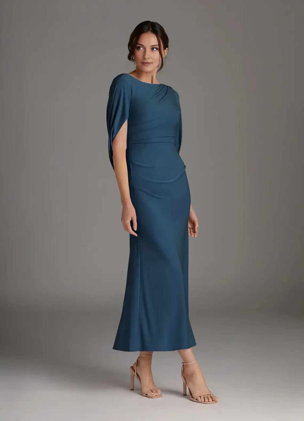 Teal Mother of the Bride Dress with Asymmetric Draped Sleeves Boat Neckline and Bodycon Silhouette for Modern Formal Occasions