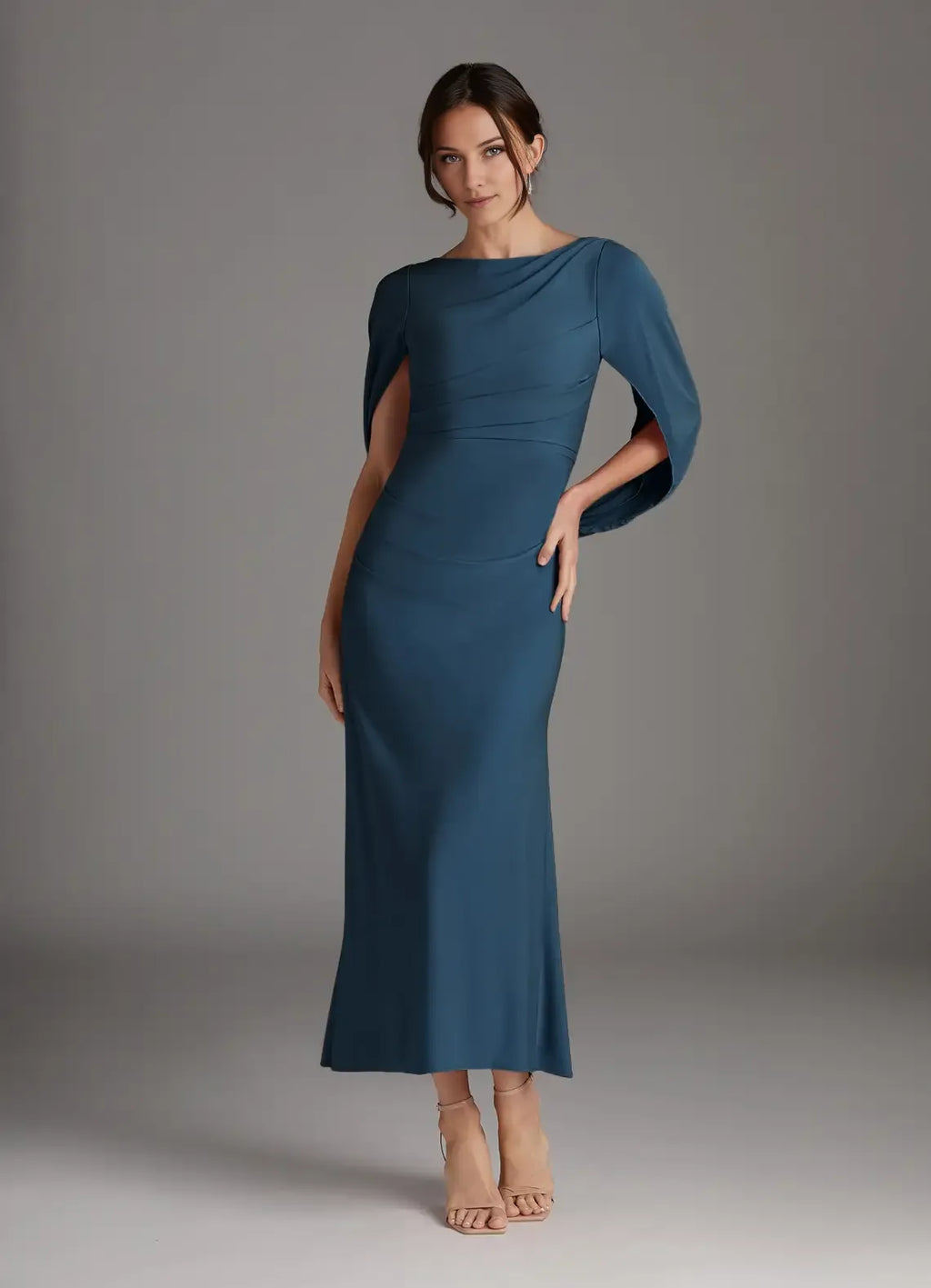 Teal Mother of the Bride Dress with Asymmetric Draped Sleeves Boat Neckline and Bodycon Silhouette for Modern Formal Occasions